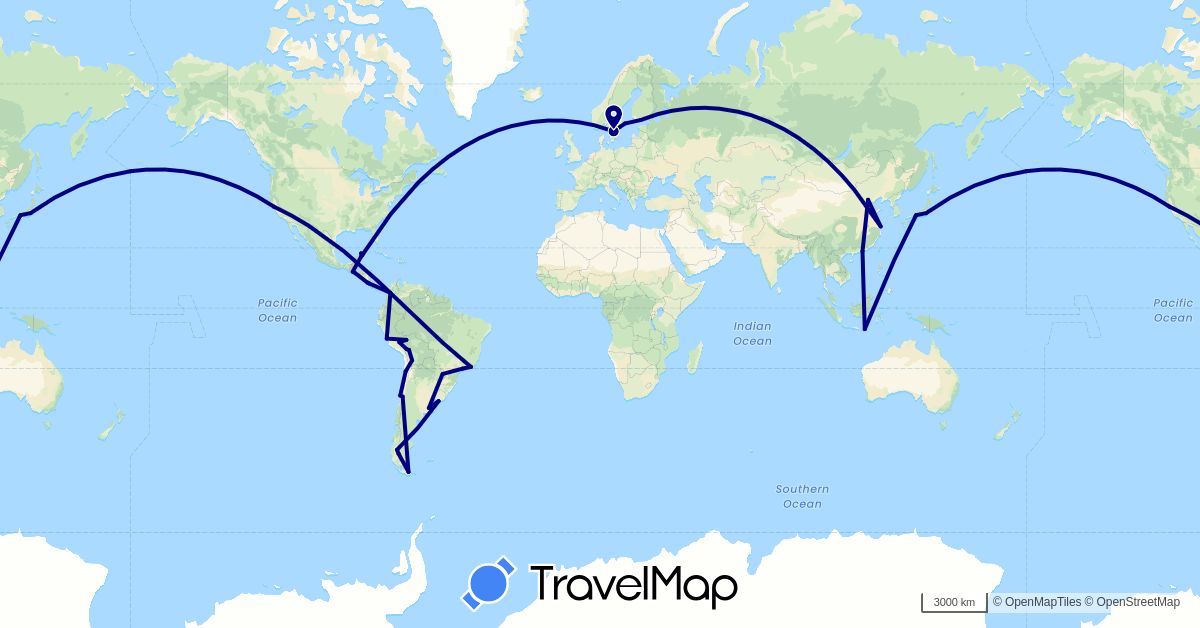 TravelMap itinerary: driving in Argentina, Bolivia, Brazil, Chile, China, Colombia, Costa Rica, Finland, Guatemala, Indonesia, Japan, Mexico, Peru, Paraguay, Sweden, United States, Uruguay (Asia, Europe, North America, South America)